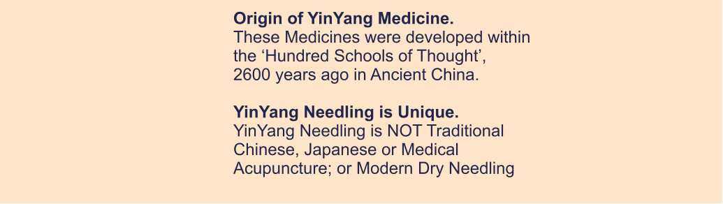 Origin of YinYang Medicine. These Medicines were developed within  the ‘Hundred Schools of Thought’,  2600 years ago in Ancient China.  YinYang Needling is Unique. YinYang Needling is NOT Traditional  Chinese, Japanese or Medical Acupuncture; or Modern Dry Needling
